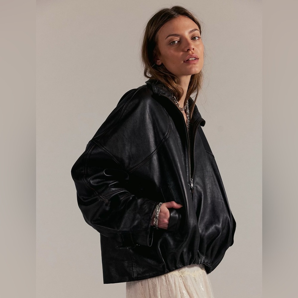 Michael Morgan Oversized Black Leather Bomber Zip Front Jacket Size Large EUC